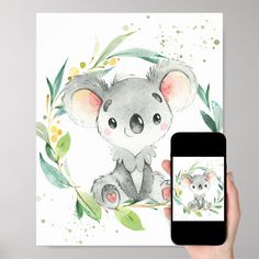 a watercolor drawing of a koala bear with leaves around it's neck