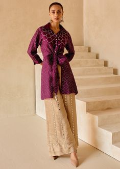 The flared pants are embroidered with delicate mirrorwork giving it an elongating look. Rahul Khanna, Nyc Studio, Potli Bags, Nehru Jackets, Western Wedding, Flared Pants, Wedding Service, Short Suit, Bride Bridal