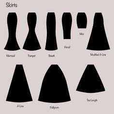 the silhouettes of different skirt shapes and sizes, with text below them that says skirts