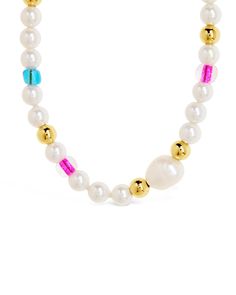 Indulge in the ultimate accessory with our Polly Pearl Beaded Choker Necklace. Inspired by the beach, this luxurious choker features stunning pearls and intricate colored beads, exuding elegance and sophistication in every wear. Elevate your style with this must-have piece, perfect for any occasion. Material: 14K gold or rhodium plated brass, colored glass beads, freshwater pearls Features: Measures 16" with 2" extender, 4mm metal & glass beads, 4mm shell pearls, 8mm freshwater pearl, Lead & Nic Multicolor Beaded Necklace With Pearl Drop, Multicolor Beaded Necklaces With Pearl Drop, Pearl Choker With Colorful Round Beads, Multicolor Pearl Drop Beaded Necklace, Pearl Chain Choker With Round Beads, Colorful Pearl Beaded Choker Necklace, Colorful Beads Pearl Necklace, Colorful Beaded Pearl Choker, Multicolor Beaded Necklace With Pearl Pendant