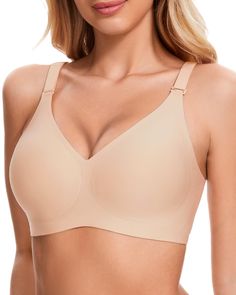 PRICES MAY VARY. SUPER COMFORTABLE & SOFT FABRIC: Our v neck bra Womens Bras no underwire are made of 55% nylon and 45% spandex. The Wireless bras for women have buttery soft and breathable fabric is skin-friendly and smooth, as light as a cloud. The non-marking breathable lining absorbs sweat and perspiration, breathable and not stuffy, so you can enjoy free breathing all day long.360° curled high elastic fabric naturally fits your skin, comfortable to the touch. SEAMLESS & NON-STEEL RING DESIG