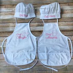 two aprons that have one with the words chef mama and one with an oven mitt