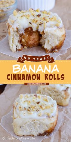 banana cinnamon rolls with frosting and nuts on top