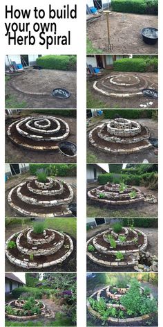 how to build your own herb spiral in the garden with pictures and text overlays