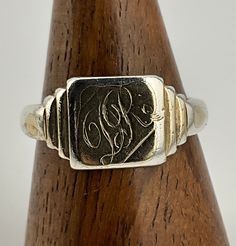 Vintage Sterling Silver Initial Signet Ring, UK Size U1/2, US Size 10 1/2, EU Size 62 3/4, Stamped 9ct On Silver, Signet Front Max Width 10.1mm, Weight 3.95 Grams, Lovely Condition Vintage Adjustable Initial Ring, Adjustable Silver Signet Ring Stamped 14k, Adjustable Silver 14k Stamped Signet Ring, Vintage Adjustable Engraved Initial Ring, Adjustable Vintage Engraved Initial Ring, Vintage Adjustable Signet Ring With Engraving Option, Vintage Adjustable Rings With Engraving Option, Vintage Adjustable Rectangular Ring, Vintage Sterling Silver Initial Ring