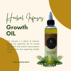 Introducing Herbal Infuses Growth, a powerful blend of almond-based oil and essential oils for natural hair growth and volume. With ingredients like Fenugreek Oil, Amla Oil, and Avocado Oil, this formula nourishes the scalp and improves hair texture and shine. Simply apply a few drops for instant nourishment and growth. This formula is a blend of almond-based and essential oils for natural hair growth and volume. Improving hair texture, and shine and supporting a healthy scalp. INGREDIENTS: Almo Oils For Natural Hair, Fenugreek Oil, Amla Oil, Brazil Nuts, Baobab Oil, Mustard Oil, Wheat Germ, Homemade Diy, Healthy Scalp