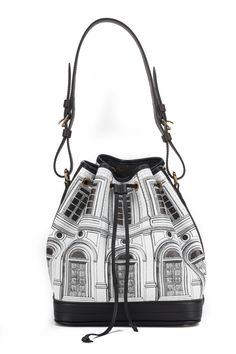 Louis Vuitton X Fornasetti Calfskin Monogram Architettura Noe NM in Black and White. This shoulder bag is a collaboration between Louis Vuitton and Fornasetti. The bag features a building print and Monogram coated-canvas trim and adjustable shoulder bag with polished gold hardware. Luxury Shoulder Bag Pouch With Detachable Handle, Luxury Pouch With Detachable Handle As Shoulder Bag, Luxury Tote Pouch With Detachable Strap, Luxury Crossbody Pouch With Detachable Handle, Luxury Satchel Pouch With Detachable Handle, Luxury Bucket Satchel With Removable Pouch, Luxury Travel Pouch With Detachable Handle, Luxury Satchel Bucket Bag For Travel, Luxury Crossbody Pouch With Detachable Strap