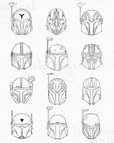 star wars helmets are shown in black and white, including the helmet for boba fett