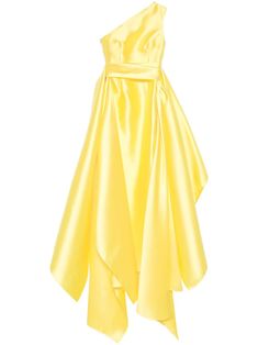 lemon yellow satin finish concealed side hook and zip fastening one-shoulder sleeveless dart detailing fitted waistline draped detailing sash detail rear slit full lining straight hem full-length Gown Yellow, Solace London, Yellow Satin, Wardrobe Edit, Yoko London, Boots Fall, Exclusive Fashion, Lemon Yellow, Lady Dior