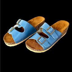 New Without The Box Blue Wedge Sandals With Buckle Closure, Casual Blue Slip-on Footbed Sandals, Blue Buckle Closure Wedge Sandals For Summer, Blue Summer Wedge Sandals With Buckle Closure, Blue Open Toe Footbed Sandals For Summer, Adjustable Blue Footbed Sandals For Summer, Blue Footbed Sandals With Buckle Closure For Summer, Blue Sandals With Leather Footbed And Open Toe, Summer Blue Footbed Sandals With Buckle Closure