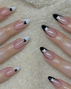 MY SWEET Love-press on Nails-french Nails-white Nails-luxury - Etsy Valentine Nails, Almond Pink And Black Nails, Medium Almond Nail Ideas, Rockstar Nails Aesthetic, Black Cute Nails, Bright Almond Nails, Summer Goth Nails, Girly Halloween Nails, Elegant Almond Nails