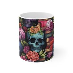 a skull with flowers and books on it