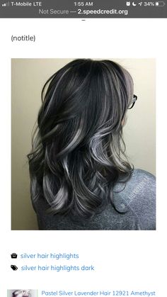 Black With Silver Highlights Short, Black Hair With Silver Peekaboo, Black Hair With Gray Front Pieces, Skunk Highlights Black Hair, Black Hair With Frosted Tips, Gray Peekaboo Hair, Black Hair With Silver Balayage, Grey Peekaboo Hair, White Highlights On Black Hair