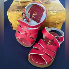 New/Like New Red Baby Sandals Baby Walker Size 4 Beach Slide Sandals With Soft Sole, Red Slide Sandals, Adjustable Non-slip Red Sandals, Red Slide Sandals For Beach, Closed Toe Red Sandals For Beach, Red Closed Toe Sandals For Beach, Red Salt, Salt Water Sandals, Saltwater Sandals