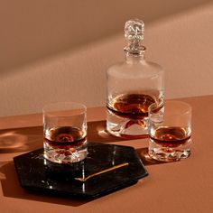 two glasses and a decanter on a table with an orange wall in the background