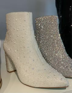 Runs true to size! Diamond White Boots, White Sparkle Cowgirl Boots, White Rhinestone Boots, Betsy Johnson Glitter Booties Outfit, Sparkle Boots Outfit, Bedazzled Boots, Boots With Pearls, White Wedding Boots, Diamond Boots