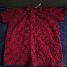 Red With Blue Gucci Stitching All Over Gucci Cotton Polo Collar Top, Red Gucci Cotton Top, Gucci Collared Cotton Tops, Gucci Cotton Long Sleeve Shirt, Gucci Fitted Collared Top, Casual Red Gucci Tops, Casual Gucci Collared Top, Designer Red Long Sleeve Tops, Designer Long Sleeve Red Top