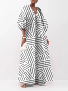 Irregular Stripe Printing V-Neck Puffy Sleeves Loose Maxi Dress Oversized Gray V-neck Dress, Chic Gray V-neck Maxi Dress, Casual Gray V-neck Maxi Dress, Oversized Green V-neck Maxi Dress, Oversized Green V-neck Dress, African Maxi Dress Ankara, Linen Dress Pattern, Mode Kimono, African Maxi Dresses