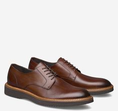 Classic Brown Lace-up Shoes With Suede Lining, Classic Brown Lace-up Shoes With Contrast Sole, Calf Leather Oxfords With Contrast Sole For Work, Leather Oxfords With Contrast Sole For Work, Business Casual Leather Oxfords With Leather Lining, Brown Leather Lined Lace-up Shoes For Business Casual, Brown Lace-up Shoes With Leather Footbed For Business Casual, Leather Lace-up Dress Shoes For Work, Lace-up Leather Shoes With Suede Lining For Work