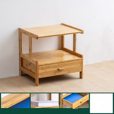 a small wooden table with drawers on it