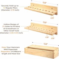 three wooden shelves with measurements for different sizes and widths, including the top shelf