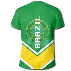 a green and yellow shirt with the word brazil on it's chest, in front of a white background