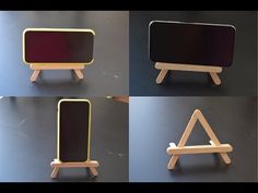 four different angles of a wooden stand with black and yellow panels on each one side