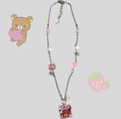 pink and white necklace made with glass, pearl, shell, crystal cupchain, cable chain, and handmade rilakkuma UV glitter resin charm - stainless steel based, handmade and one of a kind Pink Rilakkuma, Panda Necklace, Kawaii Necklace, Skull Pendant Necklace, Snowflake Necklace, Bow Necklace, Pink Necklace, Skull Pendant, Glitter Hearts