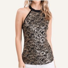 Make A Statement With This "Baroque Elegance Halter Top," Featuring A Stunning Swirl Pattern Reminiscent Of Classic Baroque Designs. The Halter Neckline Adds A Touch Of Sophistication, While The Black And Gold Touch Color Palette Ensures Versatility And Timeless Appeal. Tailored To Flatter, It Cinches At The Waist And Flares Slightly At The Hem, Perfect For Pairing With Sleek Trousers Or A Fitted Skirt For An Evening Out Or A Chic Workday Ensemble. New Reasonable Offers Considered Smoke And Cats Elegant Festive Tops For Celebration, Elegant Festive Celebration Top, Elegant Black Festive Tops, Elegant Stretch Tops For Party, Glamorous Black Top For Festive Occasions, Elegant Tops For Festive Party Season, Elegant Holiday Cocktail Tops, Elegant Sequin Tops For Celebrations, Fitted Tops For Summer Celebration