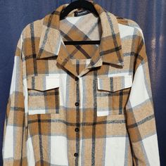 Xl Women's Oversized Plaid Flannel Button-Up. Never Worn Beige Button Closure Shirt For Fall, Oversized Brown Shirt With Button Closure, Beige Button-up Winter Shirt, Winter Beige Button-up Shirt, Collared Beige Shirt For Fall, Brown Oversized Button-up Top, Oversized Brown Tops With Buttons, Beige Buttoned Tops For Fall, Ombre Tunic