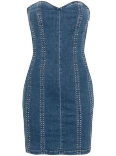 indigo blue cotton blend denim rhinestone embellishment sweetheart neck strapless side zip fastening straight hem unlined thigh-length Fitted Denim Dress With Zipper For Summer, Denim Blue Dresses With Zipper Closure, Fitted Mini Denim Dress With Zipper Closure, Fitted Denim Mini Dress With Zipper Closure, Fitted Mini Length Denim Dress With Zipper, Fitted Denim Dress With Zipper Closure, Mini Length, Cotton Mini Dress With Zipper Closure, Mini Cotton Dress With Zipper Closure, Fitted Cotton Embellished Dresses