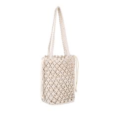 Hvisk | Lolly Tote Small net bag made with macramé technique. The bag has one big compartment.H30 cm x W29 cm x D14 cmMain Material: Cotton, Lining: 100% Recycled Polyester Summer Beach Bag, Beach Bucket, Bucket Purse, Bucket Handbags, Net Bag, Top Handle Handbags, Crochet Tote, Tote Pattern, Shopper Tote