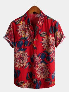 Men's Red Retro Floral Cotton Tropical Hawaiian Shirt – Atlanl Design For Shirt, Chic Shirts, Summer Vacations, Tropical Shirts, Sun Beach, Retro Floral, Casual Party, Floral Shirt, Summer Shirts