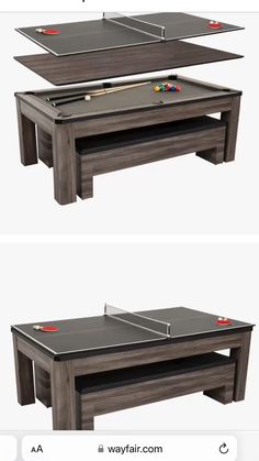 two tables with ping pong paddles on top and an air hockey table below