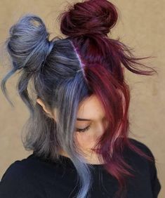 Two Buns Hairstyle, Split Dyed Hair, Split Hair, Hair Color For Women