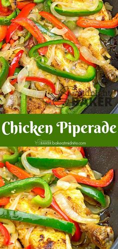 chicken and vegetable stir fry in a skillet with the words chicken piperade