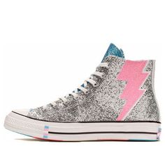 Silver Sneakers For Streetwear With Speckled Midsole, Silver Sneakers With Speckled Midsole For Streetwear, Metallic Sneakers With Speckled Midsole For Streetwear, Metallic Low-top Sneakers With Speckled Midsole, Casual Silver Custom Sneakers With Rubber Sole, Low-top Glitter Sneakers For Sports, Metallic High-top Sneakers For Streetwear, Silver Casual High-top Sneakers With Boost Midsole, Casual Silver High-top Sneakers With Boost Midsole