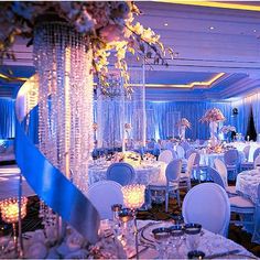 a banquet room set up for a formal function