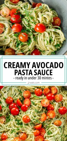 creamy avocado pasta with tomatoes and spinach in a skillet