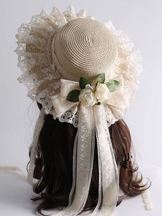 The hat is made of lace with camellia floral and bow. The hat can be used as a shade from the sun, the tie and floral on the hat are removable.   This price is for a straw hat only. SizeFree SizeHead Circumference56-58 1800s Hats, Tudor Hairstyles, Lace Hairband, Sea Beast, Cottagecore Accessories, Country Lolita, Cottagecore Country, Steampunk Fashion Female, Princess Hat