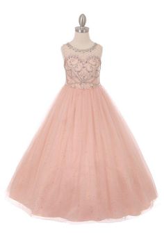 Glitter Tulle Dress, Girls Formal Dresses, Illusion Dress, Illusion Neckline, Floor Length Gown, Princess Wedding Dresses, Princess Wedding, Junior Bridesmaid, Tulle Fabric