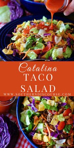 someone pouring dressing onto a salad in a blue bowl