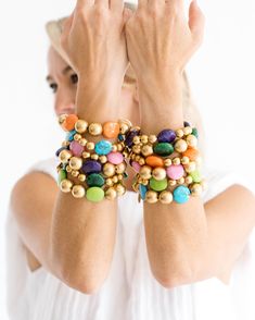 Margaret: in color! A cheerful addition to any jewelry collection, and crafted with our signature mini Margaret gold bead, this stretch bracelet comes in 6 bright and vibrant colors. Stack it with its bigger half: Margaret Stone Bracelet Colorful Beads Stretch Bracelet For Everyday, Everyday Stretch Bracelet With Colorful Beads, Playful Gold Bracelets With Colorful Beads, Colorful Stretch Bracelet With Round Beads, Everyday Stretch Bangle Bracelet With Colorful Beads, Everyday Stretch Bangle With Colorful Beads, Stretch Bracelet With Large Round Beads, Multicolor Stackable Stretch Bracelet With Round Beads, Colorful Hand-strung Jewelry