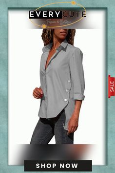 Women's Long-sleeved Hem Split-fork Irregular Blouses Chic Long Sleeve Blouse With Roll-up Sleeves, Fall Office Blouse With Roll-up Sleeves, Office Blouse With Roll-up Sleeves For Fall, Chic Non-stretch Long Sleeve Shirt, Chic Long Sleeve Shirt, Chic Long Sleeve Blouse With Roll-up Option, Non-stretch Long Sleeve Office Blouse, Gray Long Sleeve Blouse With Buttons, Office Long Sleeve Blouse