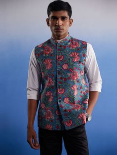 SHVAAS By VASTRAMAY Men's Aqua Printed Nehru Jacket Fitted Cotton Outerwear For Festive Season, Festive Fitted Cotton Outerwear, Cotton Nehru Jacket With Stand Collar For Winter, Winter Cotton Kurta With Printed Motifs, Winter Cotton Nehru Jacket With Stand Collar, Winter Kurta With Printed Motifs, Traditional Fitted Cotton Outerwear, Blue Cotton Nehru Jacket With Long Sleeves, Traditional Cotton Nehru Jacket For Festivals