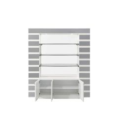 a white shelf with two shelves on each side and one shelf below it, in front of a striped wall