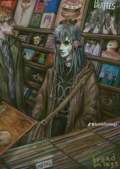 a painting of two people standing in front of a book shelf with books on it