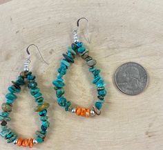 Sterling silver turquoise and spiny oyster teardrop earrings Bohemian Teardrop Pendant Jewelry With Ear Wire, Handmade Southwestern Teardrop Dangle Earrings, Handmade Southwestern Dangle Teardrop Earrings, Southwestern Nickel-free Teardrop Earrings, Bohemian Teardrop Earrings With Natural Stones, Bohemian Orange Teardrop Jewelry, Turquoise Teardrop Earrings Wire Wrapped, Handmade Turquoise Teardrop Earrings Southwestern Style, Handmade Turquoise Teardrop Earrings In Southwestern Style