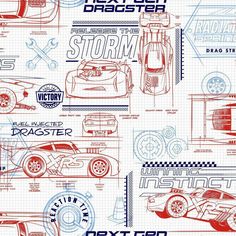 a blueprinted poster with cars and other things in red, white and black