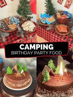 there is a birthday party with food and decorations on the table, including cakes and candles